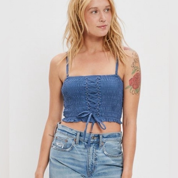American Eagle Outfitters Tops - *NWT* American Eagle Blue Smocked Corset Sleeveless Crop Tube Top, Size Medium